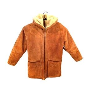 Genuine Leather Suede Hood Coat Size Medium Camel Full Zip Fur Lined Pockets